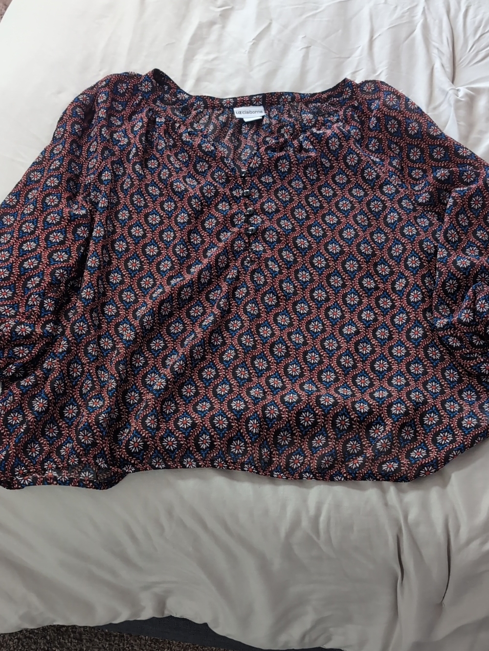 Liz Claiborne Navy Geometric Floral Print Blouse with Coral Accents